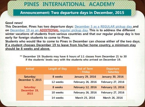PINES Baguio two departure days in December, 2015