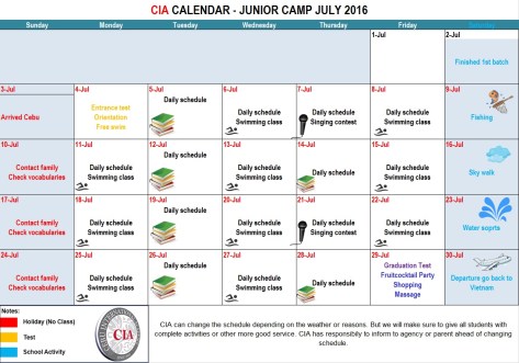 Lịch học và thư giãn, du lịch tháng 7/2016