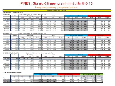 Chi phí ưu đãi mình sinh nhật PINES lần thứ 15