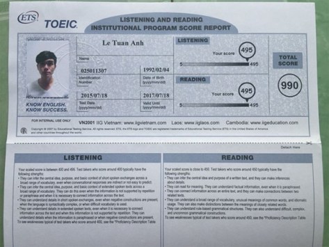 Bảng điểm TOEIC 990/990 của Lê Tuấn Anh.