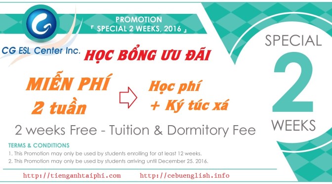 Trường CG: Học bổng miễn phí 2 tuần học phí + KTX du học tiếng Anh Philippines