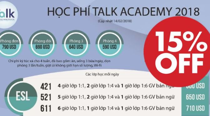TALK: giảm 15% học phí + ký túc xá ăn uống cho học viên đầu năm 2019